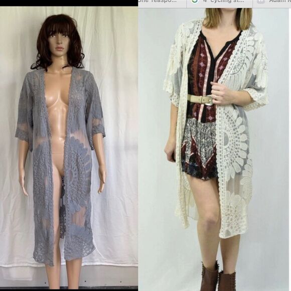 Rebellion Again Grey Open Front Wide  3/4 Sleeve Lace Duster Kimono L - Picture 1 of 10